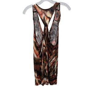J.T.B. Womens XL Abstract Print Beaded Braided Neck Racerback Tank Top Brown XL
